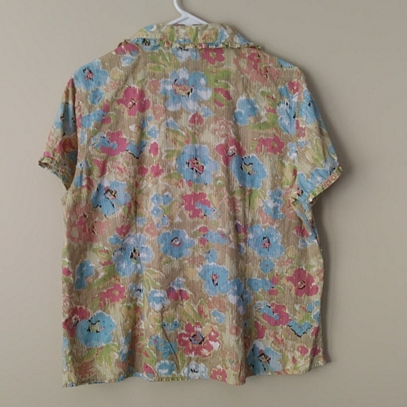 IB Diffusion Floral Ruffle Swiss Dot Button Down Top L Pink Mauve Blue - Picture 10 of 16